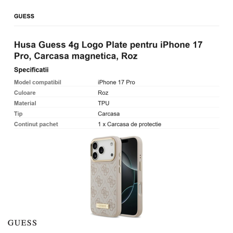 Husa Guess 4g Logo Plate pentru iPhone 17 Pro, Carcasa magnetica, Roz [2]
