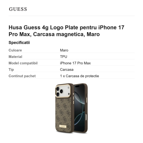 Husa Guess 4g Logo Plate pentru iPhone 17 Pro Max, Carcasa magnetica, Maro [2]