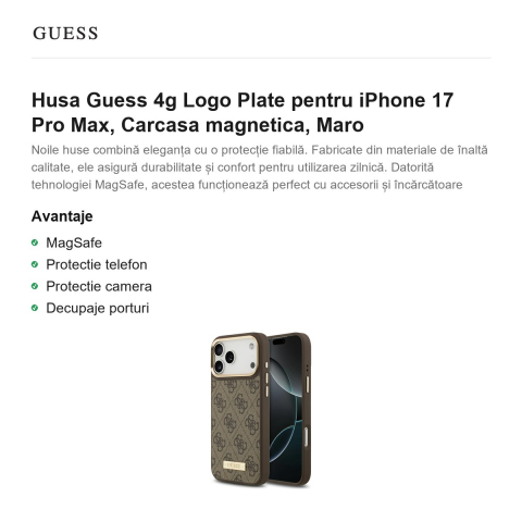 Husa Guess 4g Logo Plate pentru iPhone 17 Pro Max, Carcasa magnetica, Maro [1]