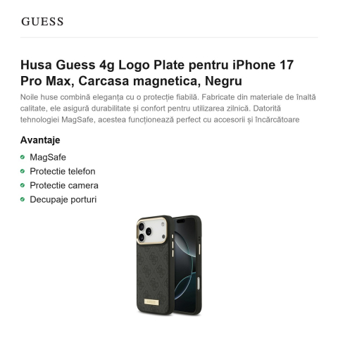 Husa Guess 4g Logo Plate pentru iPhone 17 Pro Max, Carcasa magnetica, Negru [1]