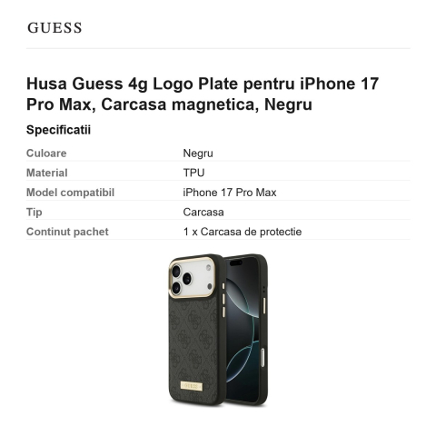 Husa Guess 4g Logo Plate pentru iPhone 17 Pro Max, Carcasa magnetica, Negru [2]