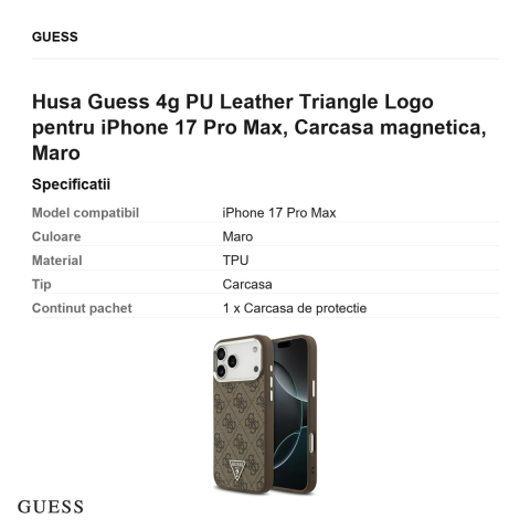 Husa Guess 4g PU Leather Triangle Logo pentru iPhone 17 Pro Max, Carcasa magnetica, Maro [2]