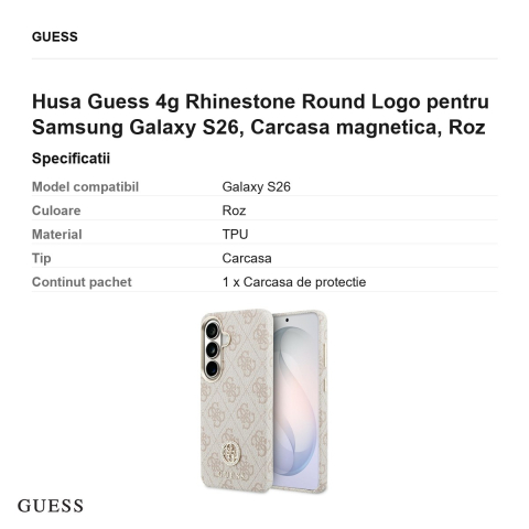 Husa Guess 4g Rhinestone Round Logo pentru Samsung Galaxy S26, Carcasa magnetica, Roz [2]