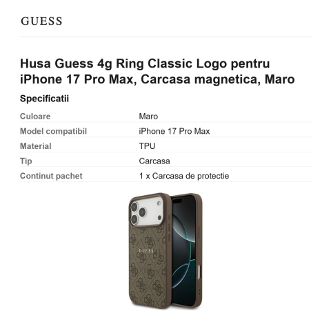 Husa Guess 4g Ring Classic Logo pentru iPhone 17 Pro Max, Carcasa magnetica, Maro [2]