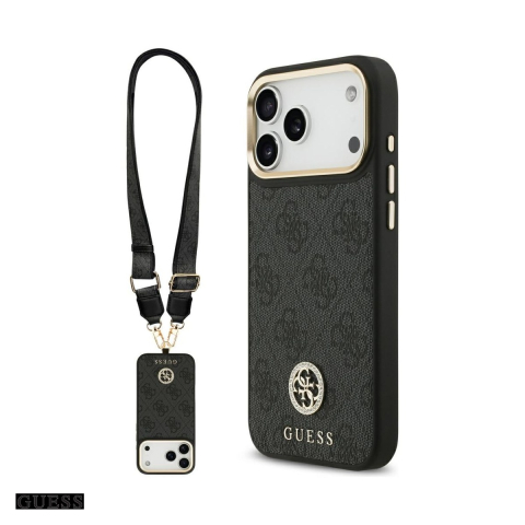 Huse telefoane - Husa Guess 4g Srtass Logo & Big Strap Metal pentru iPhone 17 Pro Max, Carcasa magnetica, Negru