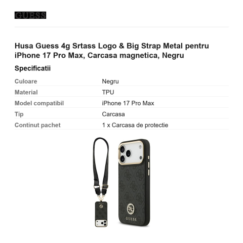 Husa Guess 4g Srtass Logo & Big Strap Metal pentru iPhone 17 Pro Max, Carcasa magnetica, Negru [2]