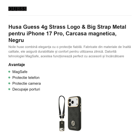 Husa Guess 4g Strass Logo & Big Strap Metal pentru iPhone 17 Pro, Carcasa magnetica, Negru [1]