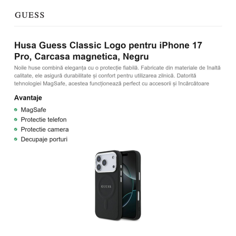 Husa Guess Classic Logo pentru iPhone 17 Pro, Carcasa magnetica, Negru [1]