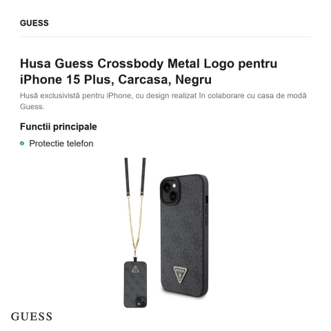 Husa Guess Crossbody Metal Logo pentru iPhone 15 Plus, Carcasa, Negru [1]