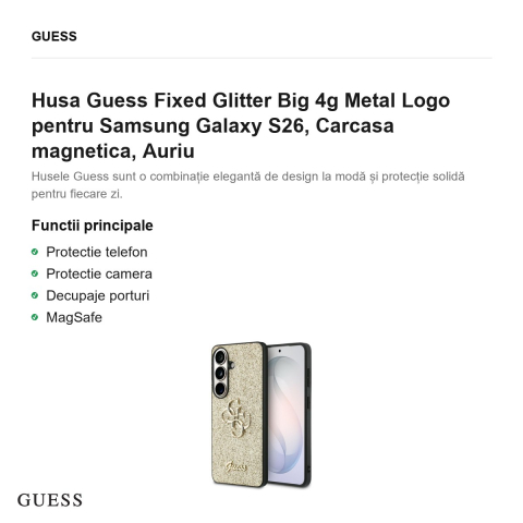 Husa Guess Fixed Glitter Big 4g Metal Logo pentru Samsung Galaxy S26, Carcasa magnetica, Auriu [1]