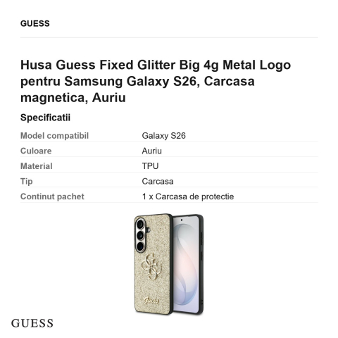 Husa Guess Fixed Glitter Big 4g Metal Logo pentru Samsung Galaxy S26, Carcasa magnetica, Auriu [2]