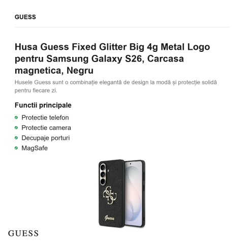 Husa Guess Fixed Glitter Big 4g Metal Logo pentru Samsung Galaxy S26, Carcasa magnetica, Negru [1]