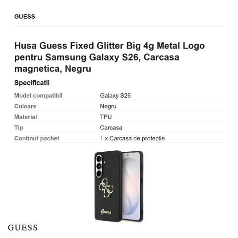 Husa Guess Fixed Glitter Big 4g Metal Logo pentru Samsung Galaxy S26, Carcasa magnetica, Negru [2]