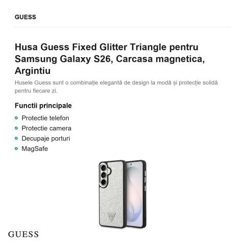 Husa Guess Fixed Glitter Triangle pentru Samsung Galaxy S26, Carcasa magnetica, Argintiu [1]