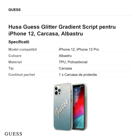Husa Guess Glitter Gradient Script pentru iPhone 12, Carcasa, Albastru [2]