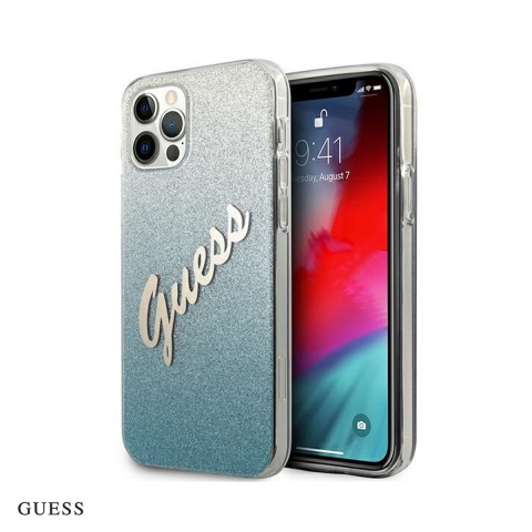 Huse telefoane - Husa Guess Glitter Gradient Script pentru iPhone 12, Carcasa, Albastru