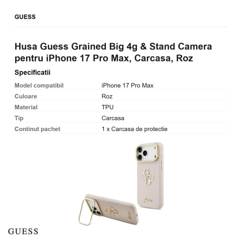 Husa Guess Grained Big 4g & Stand Camera pentru iPhone 17 Pro Max, Carcasa, Roz [2]