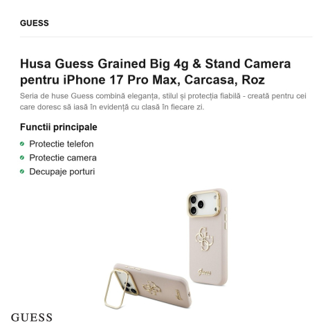 Husa Guess Grained Big 4g & Stand Camera pentru iPhone 17 Pro Max, Carcasa, Roz [1]
