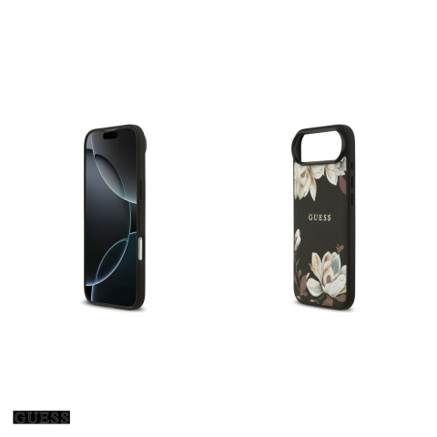 Husa Guess Grained Flowers Classic Logo pentru iPhone 17 Air, Carcasa magnetica, Negru [4]