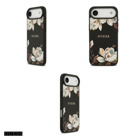 Husa Guess Grained Flowers Classic Logo pentru iPhone 17 Air, Carcasa magnetica, Negru [3]