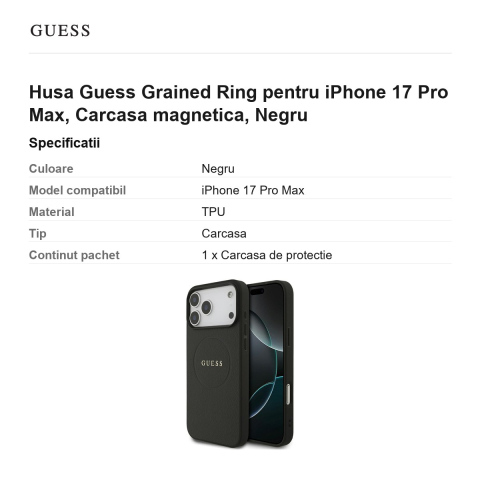Husa Guess Grained Ring pentru iPhone 17 Pro Max, Carcasa magnetica, Negru [2]