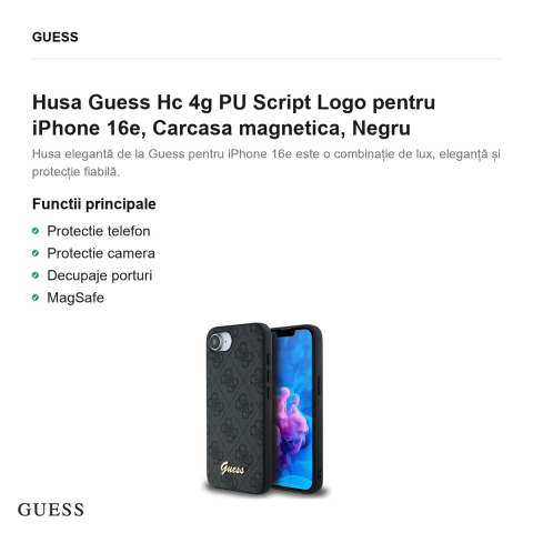 Husa Guess Hc 4g PU Script Logo pentru iPhone 16e, Carcasa magnetica, Negru [1]