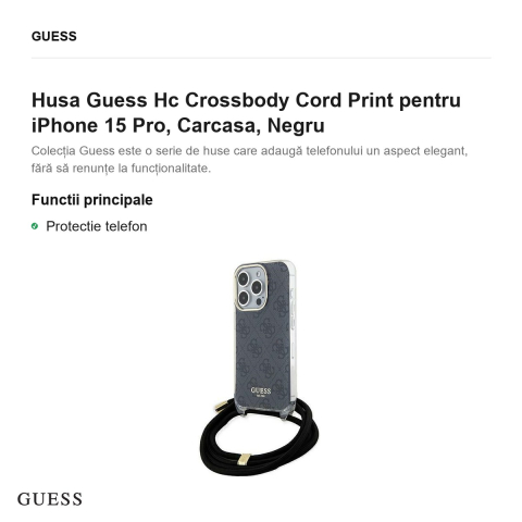 Husa Guess Hc Crossbody Cord Print pentru iPhone 15 Pro, Carcasa, Negru [1]
