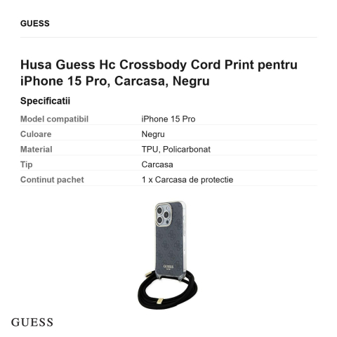 Husa Guess Hc Crossbody Cord Print pentru iPhone 15 Pro, Carcasa, Negru [2]