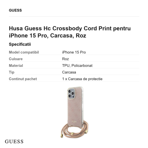Husa Guess Hc Crossbody Cord Print pentru iPhone 15 Pro, Carcasa, Roz [2]