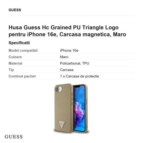 Husa Guess Hc Grained PU Triangle Logo pentru iPhone 16e, Carcasa magnetica, Maro [2]