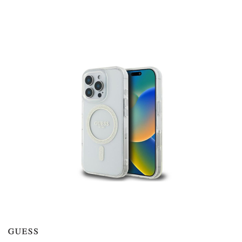 Huse si protectii pentru iPhone 16 Pro - Husa Guess Hc Iml Glitter Circle pentru iPhone 16 Pro, Carcasa magnetica, Transparent