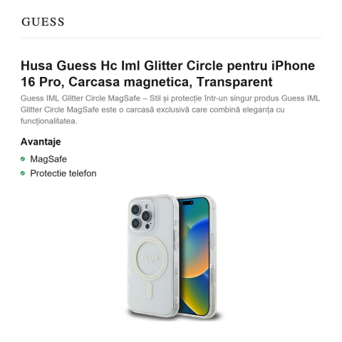 Husa Guess Hc Iml Glitter Circle pentru iPhone 16 Pro, Carcasa magnetica, Transparent [1]