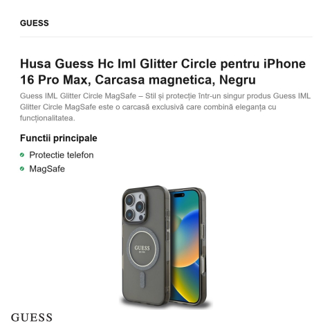 Husa Guess Hc Iml Glitter Circle pentru iPhone 16 Pro Max, Carcasa magnetica, Negru [1]