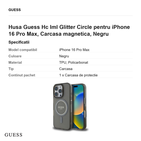Husa Guess Hc Iml Glitter Circle pentru iPhone 16 Pro Max, Carcasa magnetica, Negru [2]