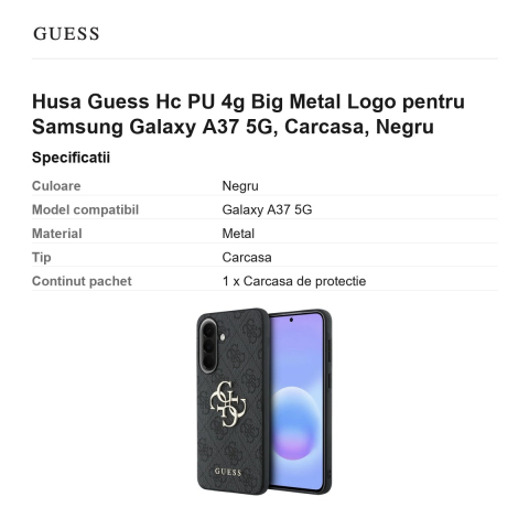 Husa Guess Hc PU 4g Big Metal Logo pentru Samsung Galaxy A37 5G, Carcasa, Negru [2]