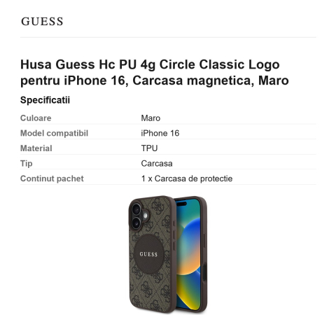 Husa Guess Hc PU 4g Circle Classic Logo pentru iPhone 16, Carcasa magnetica, Maro [2]