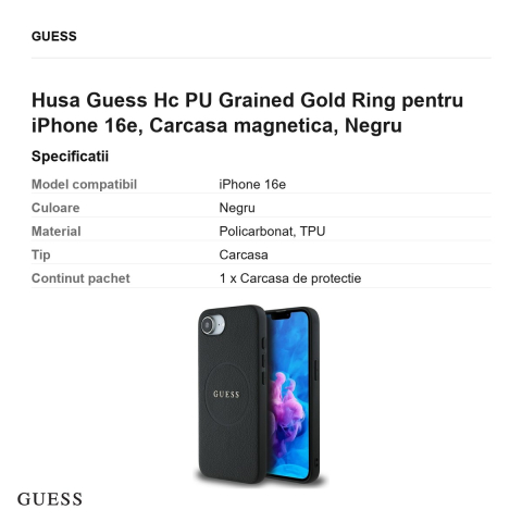 Husa Guess Hc PU Grained Gold Ring pentru iPhone 16e, Carcasa magnetica, Negru [2]