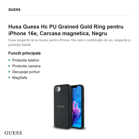 Husa Guess Hc PU Grained Gold Ring pentru iPhone 16e, Carcasa magnetica, Negru [1]