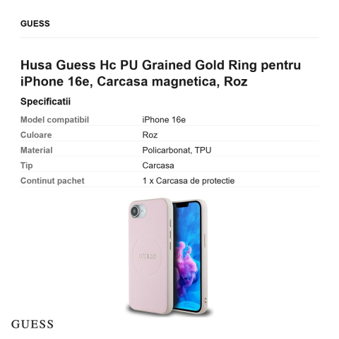 Husa Guess Hc PU Grained Gold Ring pentru iPhone 16e, Carcasa magnetica, Roz [2]