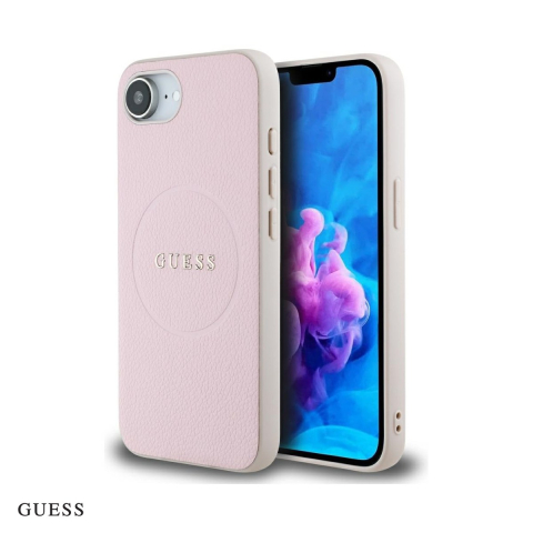 Huse si protectii pentru iPhone 16e - Husa Guess Hc PU Grained Gold Ring pentru iPhone 16e, Carcasa magnetica, Roz