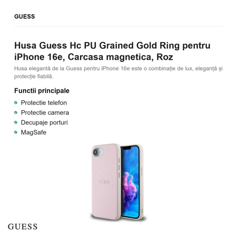 Husa Guess Hc PU Grained Gold Ring pentru iPhone 16e, Carcasa magnetica, Roz [1]