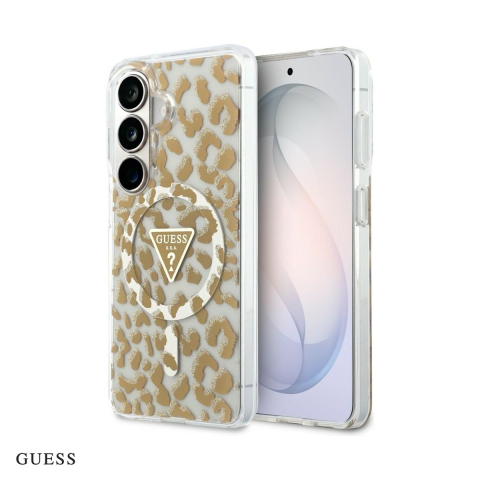 Huse si protectii pentru Samsung Galaxy S26 - Husa Guess Iml Leopard Print Triangle pentru Samsung Galaxy S26, Carcasa magnetica, Maro