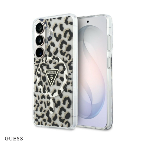 Huse si protectii pentru Samsung Galaxy S26 - Husa Guess Iml Leopard Print Triangle pentru Samsung Galaxy S26, Carcasa magnetica, Negru