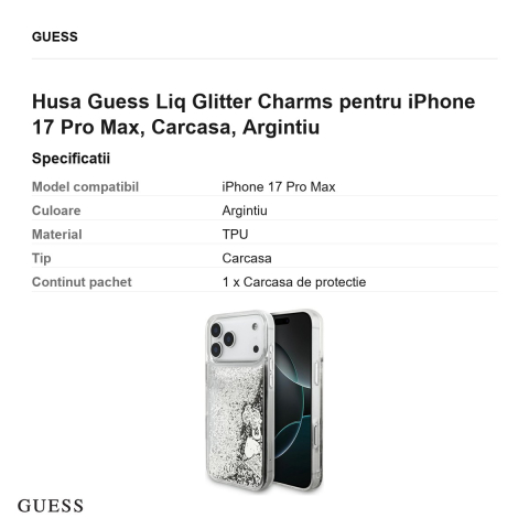 Husa Guess Liq Glitter Charms pentru iPhone 17 Pro Max, Carcasa, Argintiu [2]