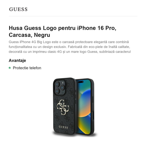 Husa Guess Logo pentru iPhone 16 Pro, Carcasa, Negru [1]