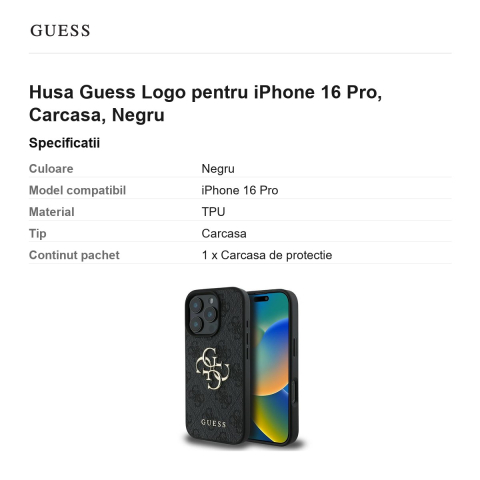 Husa Guess Logo pentru iPhone 16 Pro, Carcasa, Negru [2]