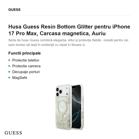 Husa Guess Resin Bottom Glitter pentru iPhone 17 Pro Max, Carcasa magnetica, Auriu [1]