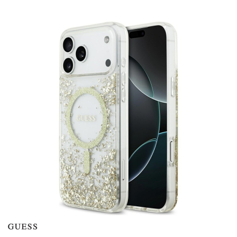 Huse si protectii smartphone - Husa Guess Resin Bottom Glitter pentru iPhone 17 Pro Max, Carcasa magnetica, Auriu