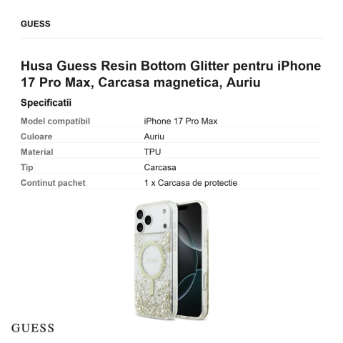 Husa Guess Resin Bottom Glitter pentru iPhone 17 Pro Max, Carcasa magnetica, Auriu [2]