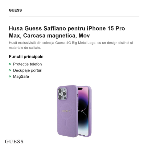 Husa Guess Saffiano pentru iPhone 15 Pro Max, Carcasa magnetica, Mov [1]
